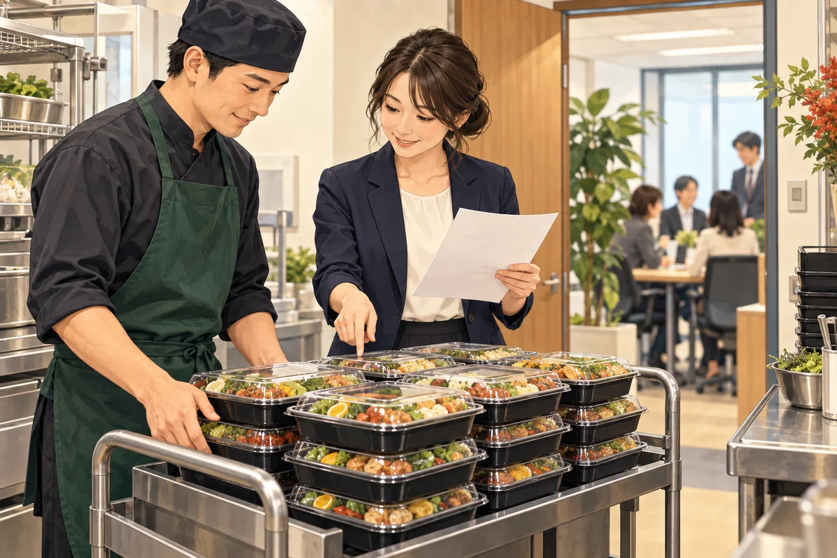 30人のケータリング発注ガイドを解説するイラスト(開催イメージ)