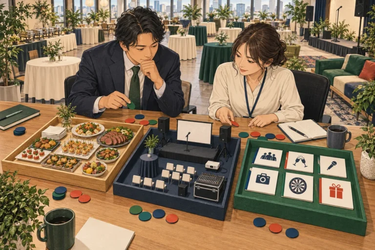 100人の社内懇親会の費用を解説するイラスト（開催イメージ）