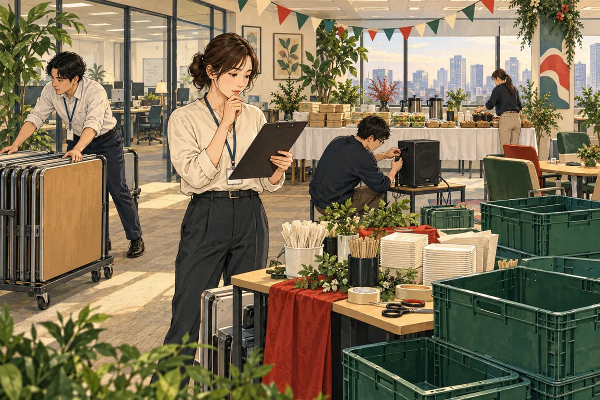 オフィスパーティーの費用相場を解説するイラスト(開催イメージ)
