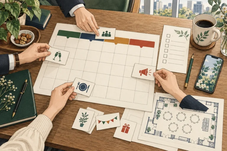 社内イベント準備チェックリストを解説するイラスト（開催イメージ）