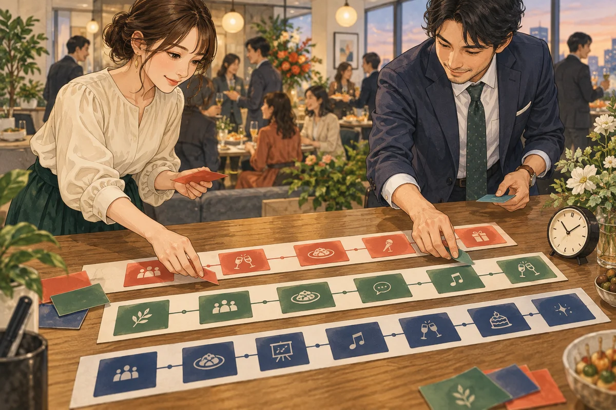 社内懇親会のタイムスケジュール例を解説するイラスト(開催イメージ)