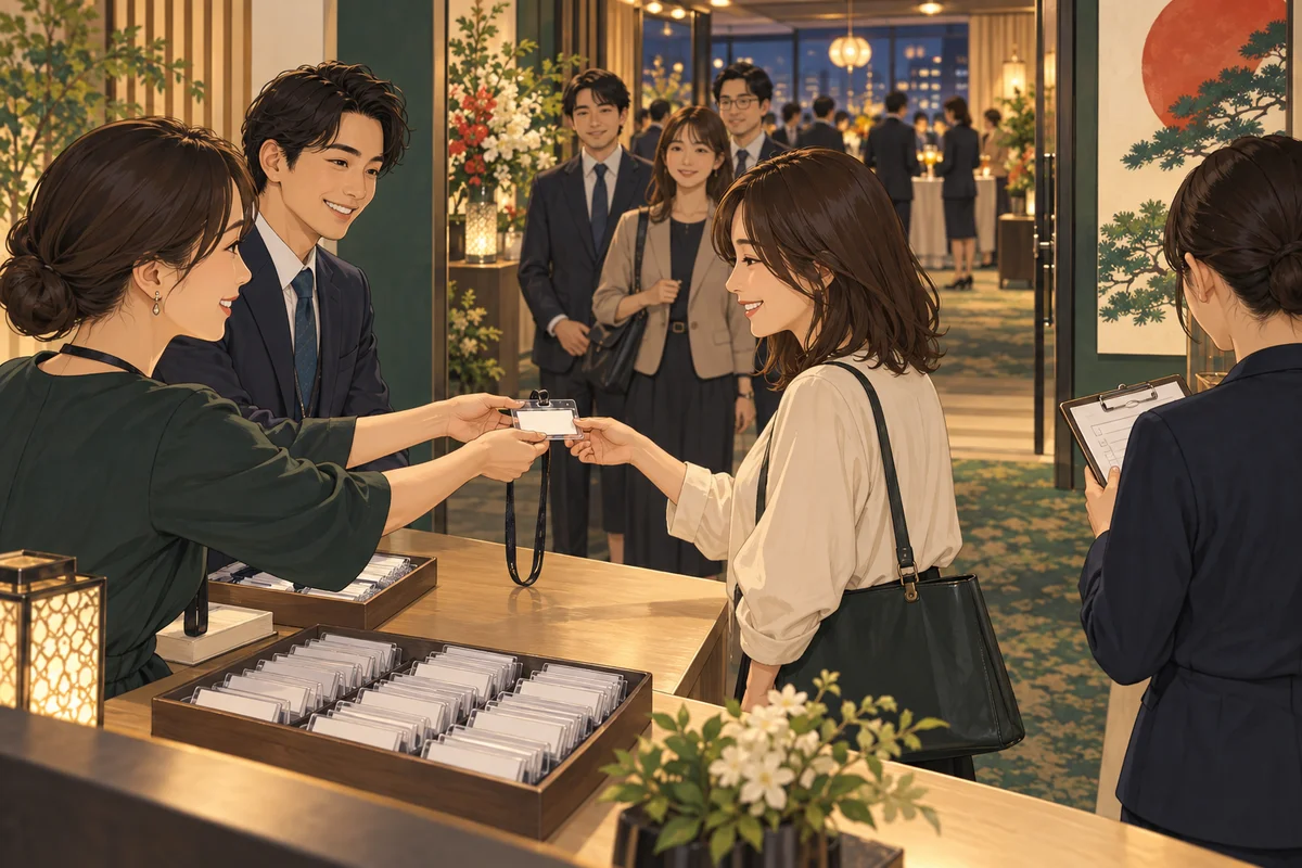 社内懇親会の受付をスムーズにする方法を解説するイラスト(開催イメージ)
