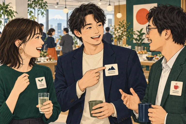 社内懇親会の名札アイデアを解説するイラスト（開催イメージ）