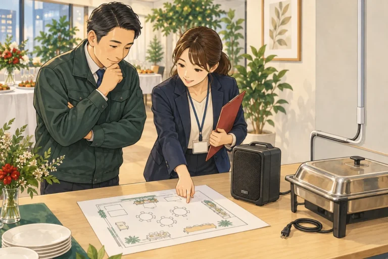 オフィスパーティーで確認すべき電源・火気・設備のポイントを解説するイラスト（開催イメージ）