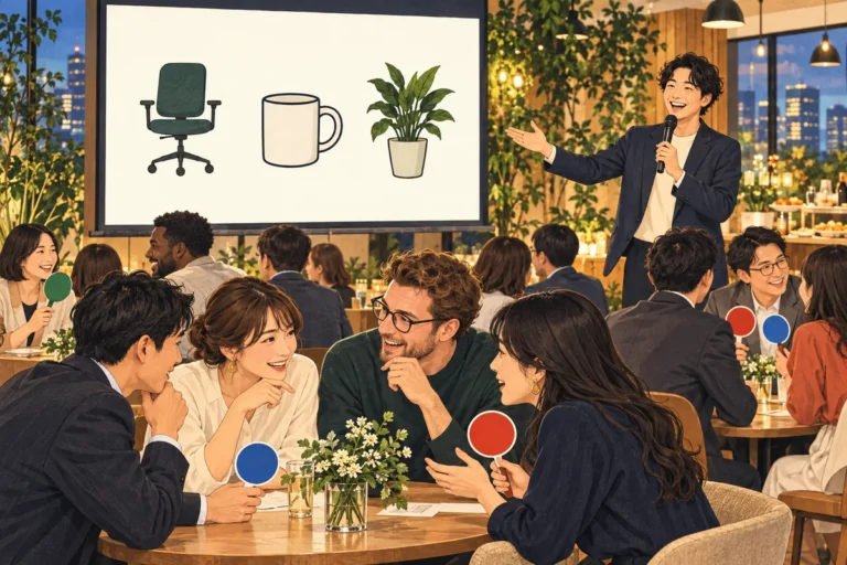 会社オリジナルクイズの作り方を解説するイラスト（開催イメージ）