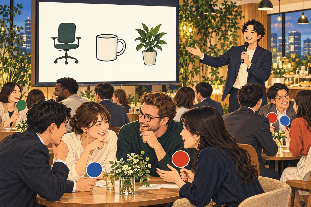 会社オリジナルクイズの作り方を解説するイラスト（開催イメージ）