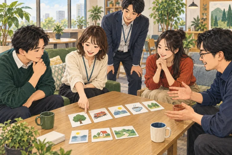 初対面でも会話が生まれる社内交流ゲーム10選を解説するイラスト（開催イメージ）