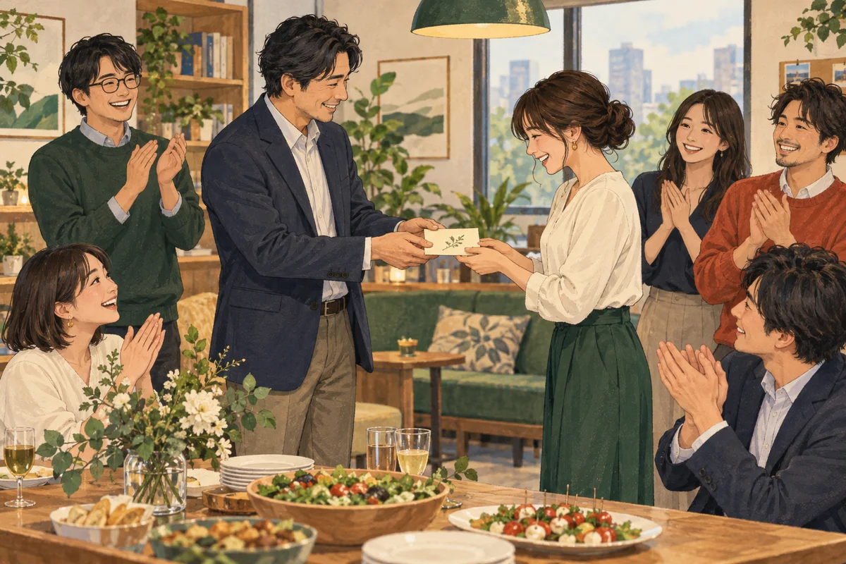 懇親会に簡易表彰を取り入れる方法を解説するイラスト(開催イメージ)